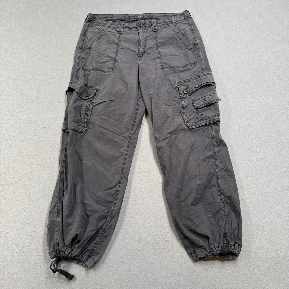 American Eagle Cargo Pants Women's 16 Short Gray Stretch Drawstring Hem Utility